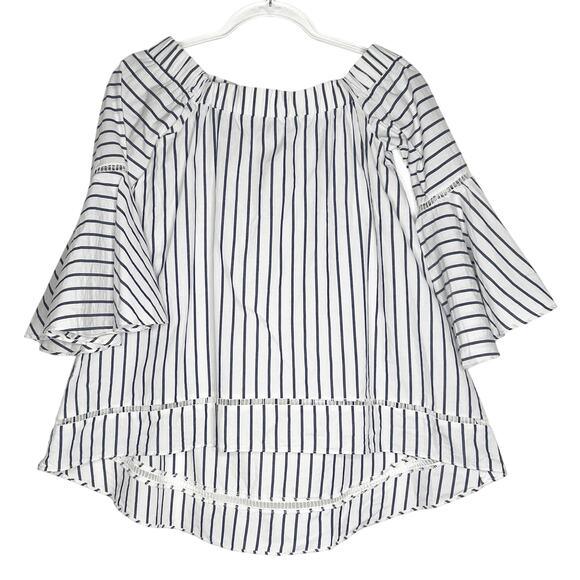 Striped Off The Shoulder Ruffle Bell Sleeve Blouse White Navy Womens Size Small - Picture 4 of 10